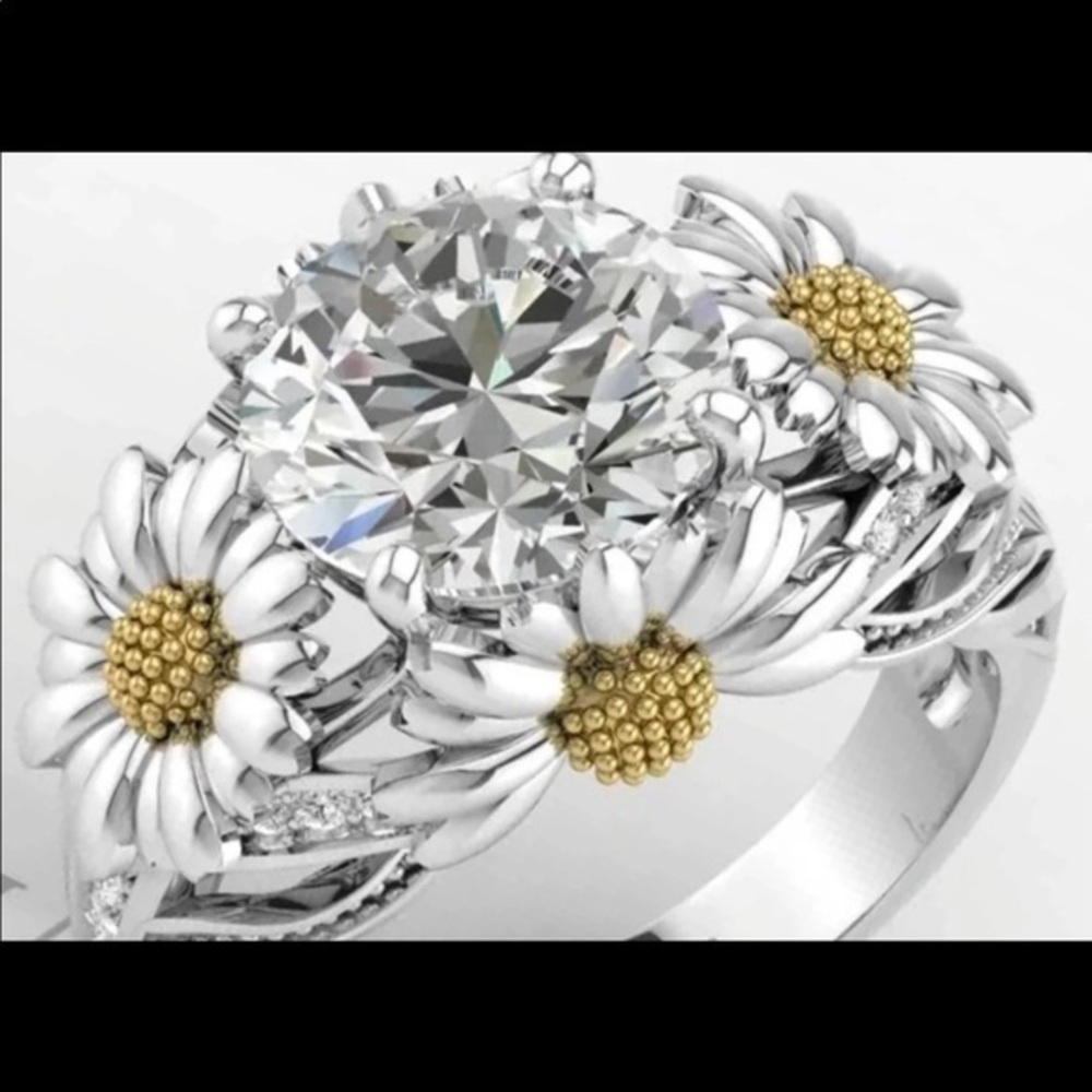 🛑Yellow Silver daisy sunFlower Band Ring sz 6